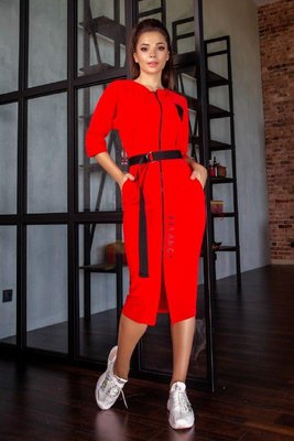 Жіноча приталена червона сукня міді на блискавці 209 фото