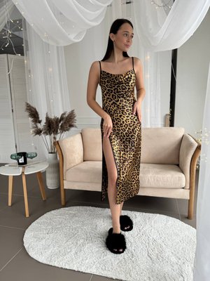Жіноча леопардова шовкова комбінація довга з розрізом DO2671 фото
