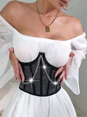 Жіночий чорний корсет із сітки з ланцюжком 1460 фото