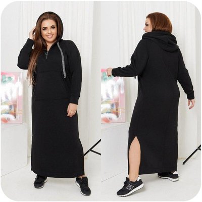 Жіноча чорна тепла сукня максі з бічними розрізами та капюшоном батал 262-25 фото