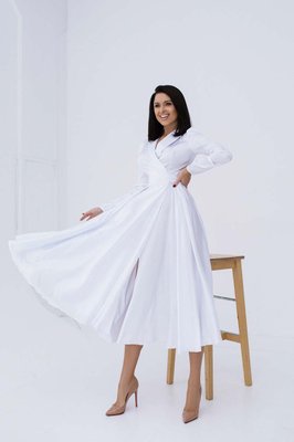 Жіноча біла шовкова сукня міді із запахом та пишною спідницею 12600-10 фото