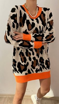Жіноча леопардова тепла туніка-оверсайз із помаранчевою окантовкою 412 фото