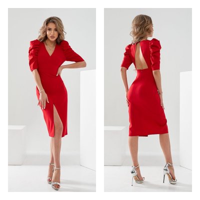 Жіноча приталена червона сукня з вирізом на спині та розрізом спереду 1210-10 фото