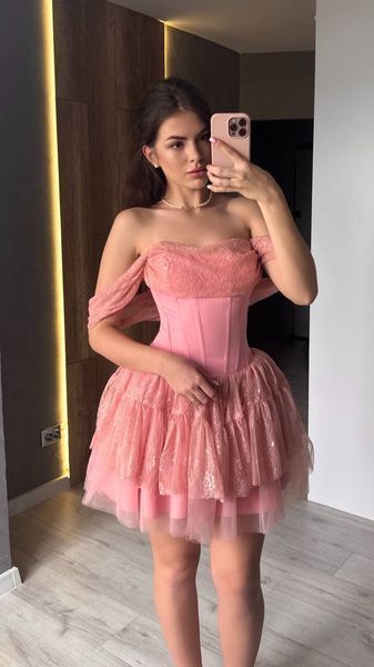 Вечірня пудра коротка сукня з мереживом і фатином 3323 фото