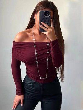 Женский бордовый лонгслив с открытыми плечами 2458-2 фото