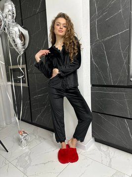 Жіноча оксамитова чорна брючна піжама з мереживом DO2480-3 фото