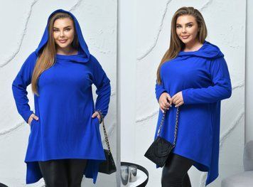 Жіноча вільна туніка електрик з начосом та капюшоном батал 3448-12 фото