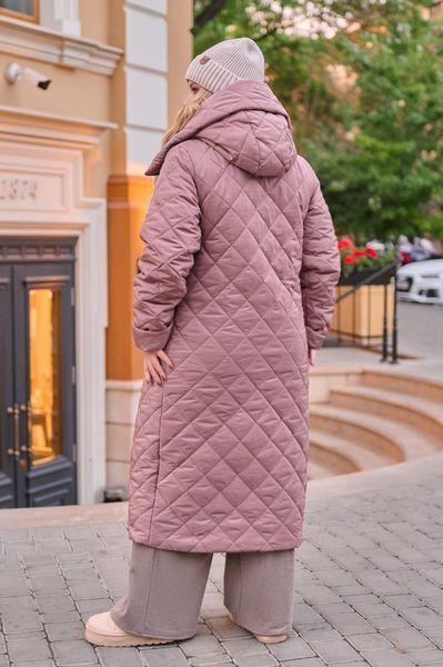 Женское стеганое бежевое пальто-куртка длинное с капюшоном большие размеры 1508-7 фото