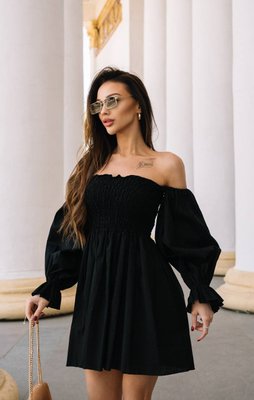 Женское черное льняное платье мини с открытыми плечами 88889488 фото