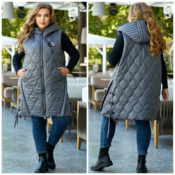 Жіночий довгий графітовий жилет із зав'язками з боків батал 3374-14 фото