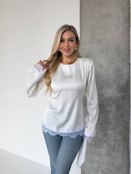 Біла жіноча шовкова блуза з мереживом на зав'язках 3407-3 фото