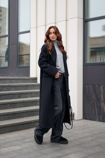 Женское демисезонное кашемировое черное пальто с поясом на пуговицах 8887775593 фото