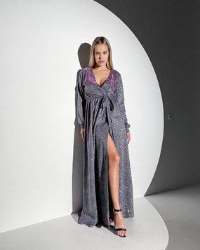 Коктейльна бузкова довга сукня блискуча з розрізом 12142 фото