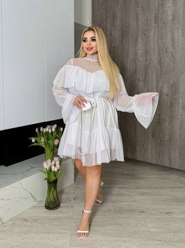 Вечернее белое короткое платье из сетки с рюшами 2455-7 фото