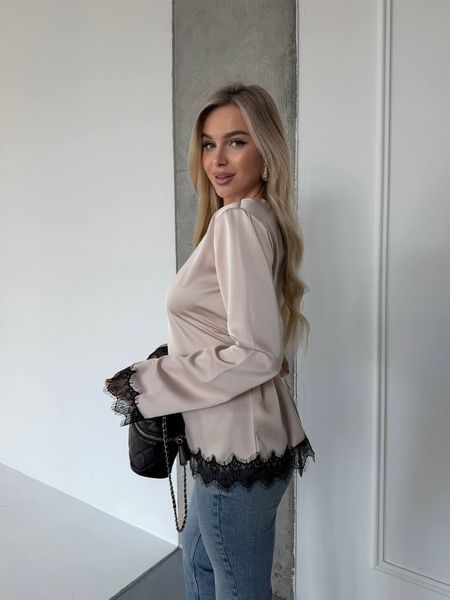 Жіноча бежева шовкова блуза з мереживом на зав'язках 3407-9 фото