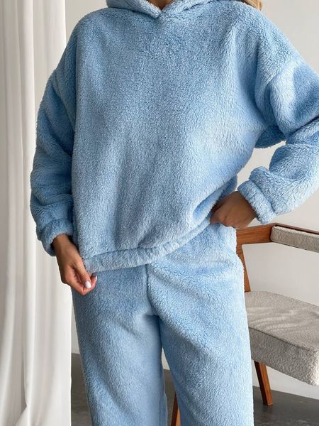 Жіноча махрова домашня блакитна піжама брючна з вушками 3420-12 фото