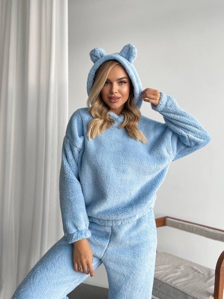 Жіноча махрова домашня блакитна піжама брючна з вушками 3420-14 фото