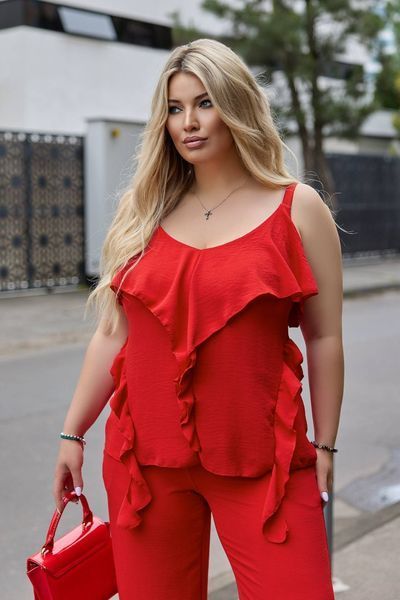 Жіночий червоний літній костюм з блузи та штанів батал 3296-3 фото