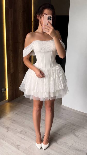 Вечірня молочно-біла коротка сукня з мереживом та фатином 3323-3 фото