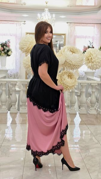 Жіноча чорно-рожева шовкова сукня з мереживом та розрізом 3329-4 фото