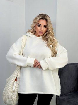 Жіночий молочно-білий теплий худі оверсайз на флісі батал 3437 фото