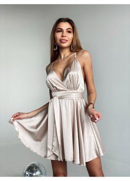 Коктейльна бежева шовкова сукня коротка з відкритою спиною на бретельках 12549-14 фото