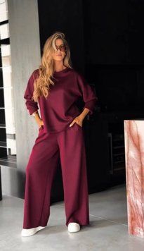 Женский бордовый костюм из свитшота и широких брюк  50-52 3075-2 фото